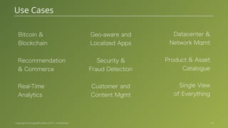 Copyright © ArangoDB GmbH, 2017 - Confidential Use Cases 10 Datacenter & Network Mgmt Product & Asset Catalogue Single View of Everything Real-Time Analytics Bitcoin & Blockchain Recommendation & Commerce Security & Fraud Detection Geo-aware and Localized Apps Customer and Content Mgmt 