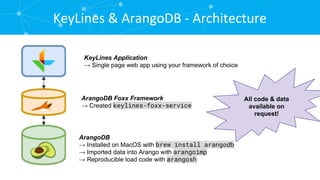 KeyLines & ArangoDB - Architecture ArangoDB → Installed on MacOS with brew install arangodb → Imported data into Arango with arangoimp → Reproducible load code with arangosh ArangoDB Foxx Framework → Created keylines-foxx-service KeyLines Application → Single page web app using your framework of choice All code & data available on request! 