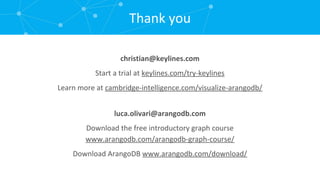 Thank you christian@keylines.com Start a trial at keylines.com/try-keylines Learn more at cambridge-intelligence.com/visualize-arangodb/ luca.olivari@arangodb.com Download the free introductory graph course www.arangodb.com/arangodb-graph-course/ Download ArangoDB www.arangodb.com/download/ 