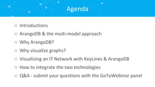 Agenda ○ Introductions ○ ArangoDB & the multi-model approach ○ Why ArangoDB? ○ Why visualize graphs? ○ Visualizing an IT Network with KeyLines & ArangoDB ○ How to integrate the two technologies ○ Q&A - submit your questions with the GoToWebinar panel 
