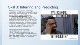 Skill 3: Inferring and Predicting
• When you infer, you are reaching a
conclusion on the basis of evidence and
reasoning. An inference is an “educated
guess” that is supported by your
own personal knowledge as well
as specific details from the text. You
are making an assumption based on the
facts you have in front of you, as well as
your prior experience. An inference can
be about something that has happened,
or that will happen in the future. It is
therefore related to the next skill
• Predicting allows you to form
expectations about what is to
come. Predicting requires that you
use prior knowledge and information
from the text to form an opinion about
text’s meaning, content, or intended
audience.
 