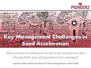Key Management Challenges in
Seed Acceleration
How private involvement in start-up ecosystems has
changed the way programmes are managed
Keynote for APEC network forum, March 25th 2014, Taichung, Taiwan – by Pim de Bokx
 