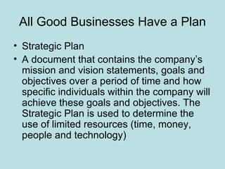 All Good Businesses Have a Plan
• Strategic Plan
• A document that contains the company’s
  mission and vision statements, goals and
  objectives over a period of time and how
  specific individuals within the company will
  achieve these goals and objectives. The
  Strategic Plan is used to determine the
  use of limited resources (time, money,
  people and technology)
 