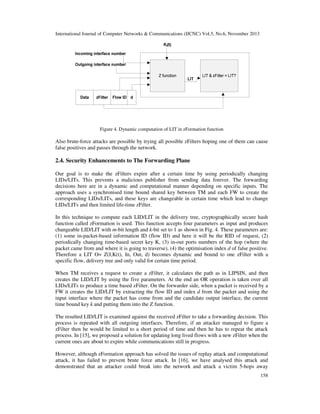 International Journal of Computer Networks & Communications (IJCNC) Vol.5, No.6, November 2013

Figure 4. Dynamic computation of LIT in zFormation function

Also brute-force attacks are possible by trying all possible zFilters hoping one of them can cause
false positives and passes through the network.

2.4. Security Enhancements to The Forwarding Plane
Our goal is to make the zFilters expire after a certain time by using periodically changing
LIDs/LITs. This prevents a malicious publisher from sending data forever. The forwarding
decisions here are in a dynamic and computational manner depending on specific inputs. The
approach uses a synchronised time bound shared key between TM and each FW to create the
corresponding LIDs/LITs, and these keys are changeable in certain time which lead to change
LIDs/LITs and then limited life-time zFilter.
In this technique to compute each LID/LIT in the delivery tree, cryptographically secure hash
function called zFormation is used. This function accepts four parameters as input and produces
changeable LID/LIT with m-bit length and k-bit set to 1 as shown in Fig. 4. These parameters are:
(1) some in-packet-based information ID (flow ID) and here it will be the RID of request, (2)
periodically changing time-based secret key K, (3) in-out ports numbers of the hop (where the
packet came from and where it is going to traverse), (4) the optimisation index d of false positive.
Therefore a LIT O= Z(I,K(t), In, Out, d) becomes dynamic and bound to one zFilter with a
specific flow, delivery tree and only valid for certain time period.
When TM receives a request to create a zFilter, it calculates the path as in LIPSIN, and then
creates the LID/LIT by using the five parameters. At the end an OR operation is taken over all
LIDs/LITs to produce a time based zFilter. On the forwarder side, when a packet is received by a
FW it creates the LID/LIT by extracting the flow ID and index d from the packet and using the
input interface where the packet has come from and the candidate output interface, the current
time bound key k and putting them into the Z function.
The resulted LID/LIT is examined against the received zFilter to take a forwarding decision. This
process is repeated with all outgoing interfaces. Therefore, if an attacker managed to figure a
zFilter then he would be limited to a short period of time and then he has to repeat the attack
process. In [15], we proposed a solution for updating long lived flows with a new zFilter when the
current ones are about to expire while communications still in progress.
However, although zFormation approach has solved the issues of replay attack and computational
attack, it has failed to prevent brute force attack. In [16], we have analysed this attack and
demonstrated that an attacker could break into the network and attack a victim 5-hops away
158

 