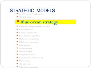 STRATEGIC MODELS Ansoff’s product / market grid
 The BCG matrix
Blue ocean strategy
 Competitive Analysis : Porter’s five forces
 Core competencies
 Greiner’s growth model
 Kay’s distinctive capabilities
 Market-driven organization
 Off-shoring / outsourcing
 Road-mapping
 Scenario planning
 Strategic dialogue
 Strategic HRM model
 Strategic human capital planning
 SWOT analysis
 The value chain
 Value-based management
 