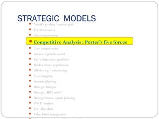 STRATEGIC MODELS Ansoff’s product / market grid
 The BCG matrix
 Blue ocean strategy
Competitive Analysis : Porter’s five forces
 Core competencies
 Greiner’s growth model
 Kay’s distinctive capabilities
 Market-driven organization
 Off-shoring / outsourcing
 Road-mapping
 Scenario planning
 Strategic dialogue
 Strategic HRM model
 Strategic human capital planning
 SWOT analysis
 The value chain
 Value-based management
 
