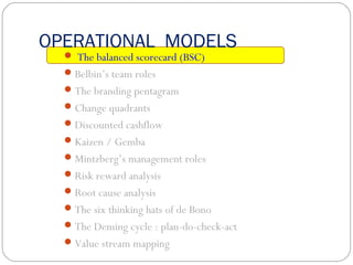 OPERATIONAL MODELS
 The balanced scorecard (BSC)
Belbin’s team roles
The branding pentagram
Change quadrants
Discounted cashflow
Kaizen / Gemba
Mintzberg’s management roles
Risk reward analysis
Root cause analysis
The six thinking hats of de Bono
The Deming cycle : plan-do-check-act
Value stream mapping
 