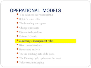 OPERATIONAL MODELS
 The balanced scorecard (BSC)
Belbin’s team roles
The branding pentagram
Change quadrants
Discounted cashflow
Kaizen / Gemba
Mintzberg’s management roles
Risk reward analysis
Root cause analysis
The six thinking hats of de Bono
The Deming cycle : plan-do-check-act
Value stream mapping
 