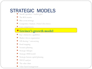 STRATEGIC MODELS Ansoff’s product / market grid
 The BCG matrix
 Blue ocean strategy
 Competitive Analysis : Porter’s five forces
 Core competencies
Greiner’s growth model
 Kay’s distinctive capabilities
 Market-driven organization
 Off-shoring / outsourcing
 Road-mapping
 Scenario planning
 Strategic dialogue
 Strategic HRM model
 Strategic human capital planning
 SWOT analysis
 The value chain
 Value-based management
 