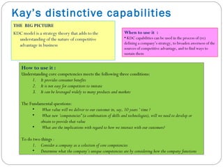 How to use it :
Understanding core competencies meets the following three conditions:
1. It provides consumer benefits
2. It is not easy for competitors to imitate
3. It can be leveraged widely to many products and markets
The Fundamental questions:
• What value will we deliver to our customer in, say, 10 years ‘ time ?
• What new ‘competencies” (a combination of skills and technologies), will we need to develop or
obtain to provide that value
• What are the implications with regard to how we interact with our customers?
To do two things :
1. Consider a company as a colection of core competencies
• Determine what the company’s unique competencies are by considering how the company functions
Kay’s distinctive capabilities
THE BIG PICTURE
KDC model is a strategy theory that adds to the
understanding of the nature of competitive
advantage in business
When to use it :
• KDC capabilities can be used in the process of (re)
defining a company’s strategy, to broaden awerness of the
sources of competitive advantage, and to find ways to
sustain them
 