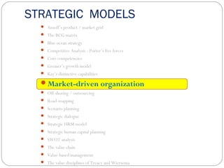 STRATEGIC MODELS
 Ansoff’s product / market grid
 The BCG matrix
 Blue ocean strategy
 Competitive Analysis : Porter’s five forces
 Core competencies
 Greiner’s growth model
 Kay’s distinctive capabilities
Market-driven organization
 Off-shoring / outsourcing
 Road-mapping
 Scenario planning
 Strategic dialogue
 Strategic HRM model
 Strategic human capital planning
 SWOT analysis
 The value chain
 Value-based management
 The value disciplines of Treacy and Wiersema
 