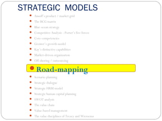 STRATEGIC MODELS
 Ansoff’s product / market grid
 The BCG matrix
 Blue ocean strategy
 Competitive Analysis : Porter’s five forces
 Core competencies
 Greiner’s growth model
 Kay’s distinctive capabilities
 Market-driven organization
 Off-shoring / outsourcing
Road-mapping
 Scenario planning
 Strategic dialogue
 Strategic HRM model
 Strategic human capital planning
 SWOT analysis
 The value chain
 Value-based management
 The value disciplines of Treacy and Wiersema
 