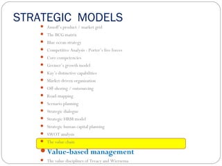 STRATEGIC MODELS
 Ansoff’s product / market grid
 The BCG matrix
 Blue ocean strategy
 Competitive Analysis : Porter’s five forces
 Core competencies
 Greiner’s growth model
 Kay’s distinctive capabilities
 Market-driven organization
 Off-shoring / outsourcing
 Road-mapping
 Scenario planning
 Strategic dialogue
 Strategic HRM model
 Strategic human capital planning
 SWOT analysis
 The value chain
Value-based management
 The value disciplines of Treacy and Wiersema
 