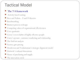 Tactical Model
 The 7-S framework
 Activity-based costing
 Beer and Nohria – E and O theories
 Benchmarking
 Business process redesign
 Competing values of organisational effectiveness
 Core quadrants
 Covey’s seven habits of highly effective people
 Curry’s pyrami : customer marketing and relationship
 The DuPont analysis
 Factory gate pricing
 Henderson and Venkatraman’s strategic alignment model
 Hofstede’s cultural dimensions
 House of purchasing and supply
 The innovation circle
 