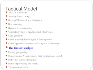 Tactical Model The 7-S framework
 Activity-based costing
 Beer and Nohria – E and O theories
 Benchmarking
 Business process redesign
 Competing values of organisational effectiveness
 Core quadrants
 Covey’s seven habits of highly effective people
 Curry’s pyrami : customer marketing and relationship
The DuPont analysis
 Factory gate pricing
 Henderson and Venkatraman’s strategic alignment model
 Hofstede’s cultural dimensions
 House of purchasing and supply
 The innovation circle
 
