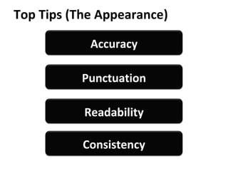 Top Tips (The Appearance) Accuracy Punctuation Readability Consistency 