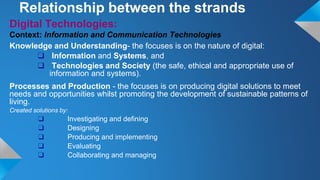 Digital Technologies:
Context: Information and Communication Technologies
Knowledge and Understanding- the focuses is on the nature of digital:
❑ Information and Systems, and
❑ Technologies and Society (the safe, ethical and appropriate use of
information and systems).
Processes and Production - the focuses is on producing digital solutions to meet
needs and opportunities whilst promoting the development of sustainable patterns of
living.
Created solutions by:
❑ Investigating and defining
❑ Designing
❑ Producing and implementing
❑ Evaluating
❑ Collaborating and managing
Relationship between the strands
 