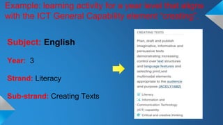 Example: learning activity for a year level that aligns
with the ICT General Capability element “creating”.
Subject: English
Year: 3
Strand: Literacy
Sub-strand: Creating Texts
 