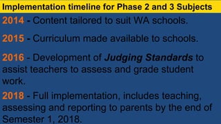 2014 - Content tailored to suit WA schools.
2015 - Curriculum made available to schools.
2016 - Development of Judging Standards to
assist teachers to assess and grade student
work.
2018 - Full implementation, includes teaching,
assessing and reporting to parents by the end of
Semester 1, 2018.
Implementation timeline for Phase 2 and 3 Subjects
 