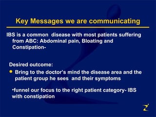Key Messages we are communicating
IBS is a common disease with most patients suffering
from ABC: Abdominal pain, Bloating and
Constipation-
Desired outcome:
 Bring to the doctor’s mind the disease area and the
patient group he sees and their symptoms
•funnel our focus to the right patient category- IBS
with constipation
 
