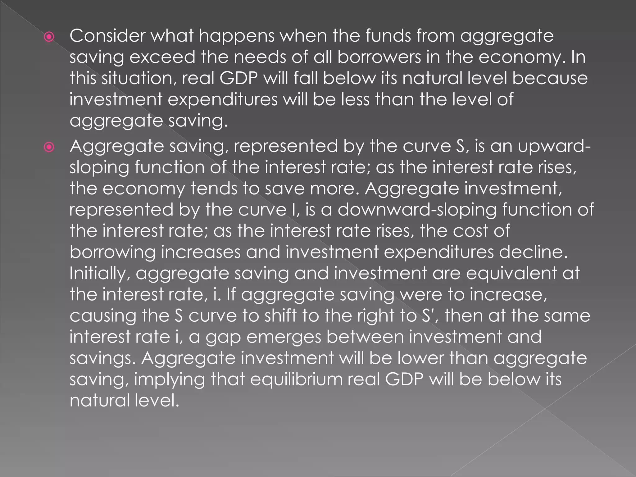  Consider what happens when the funds from aggregate 
saving exceed the needs of all borrowers in the economy. In 
this situation, real GDP will fall below its natural level because 
investment expenditures will be less than the level of 
aggregate saving. 
 Aggregate saving, represented by the curve S, is an upward-sloping 
function of the interest rate; as the interest rate rises, 
the economy tends to save more. Aggregate investment, 
represented by the curve I, is a downward-sloping function of 
the interest rate; as the interest rate rises, the cost of 
borrowing increases and investment expenditures decline. 
Initially, aggregate saving and investment are equivalent at 
the interest rate, i. If aggregate saving were to increase, 
causing the S curve to shift to the right to S′, then at the same 
interest rate i, a gap emerges between investment and 
savings. Aggregate investment will be lower than aggregate 
saving, implying that equilibrium real GDP will be below its 
natural level. 
 