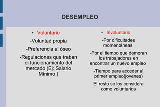 DESEMPLEO
● Voluntario
-Voluntad propia
-Preferencia al óseo
-Regulaciones que traban
el funcionamiento del
mercado (Ej: Salario
Mínimo )
● Involuntario
-Por dificultades
momentáneas
-Por el tiempo que demoran
los trabajadores en
encontrar un nuevo empleo
-Tiempo para acceder al
primer empleo(jovenes)
El resto se los considera
como voluntarios
 