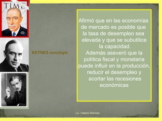 KEYNES concluyó:  Afirmó que en las economías  de mercado es posible que  la tasa de desempleo sea  elevada y que se subutilice la capacidad. Además aseveró que la política fiscal y monetaria puede influir en la producción, reducir el desempleo y acortar las recesiones económicas Lic. Valeria Reinoso 