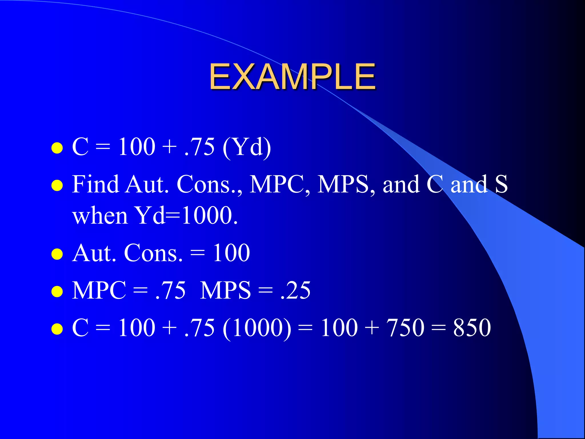 EXAMPLE
 C = 100 + .75 (Yd)
 Find Aut. Cons., MPC, MPS, and C and S
when Yd=1000.
 Aut. Cons. = 100
 MPC = .75 MPS = .25
 C = 100 + .75 (1000) = 100 + 750 = 850
 