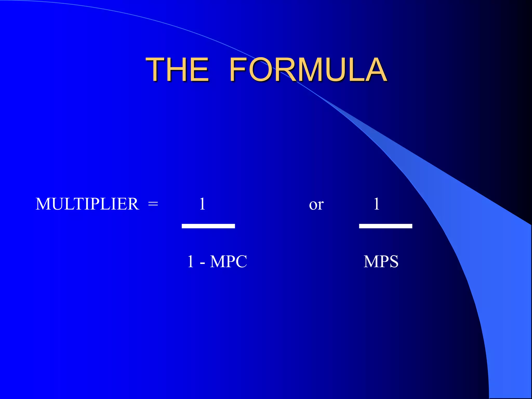 THE FORMULA
MULTIPLIER = 1 or 1
1 - MPC MPS
 