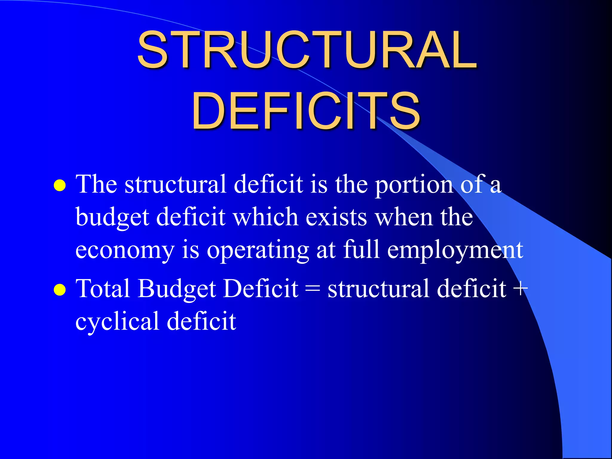 STRUCTURAL
DEFICITS
 The structural deficit is the portion of a
budget deficit which exists when the
economy is operating at full employment
 Total Budget Deficit = structural deficit +
cyclical deficit
 