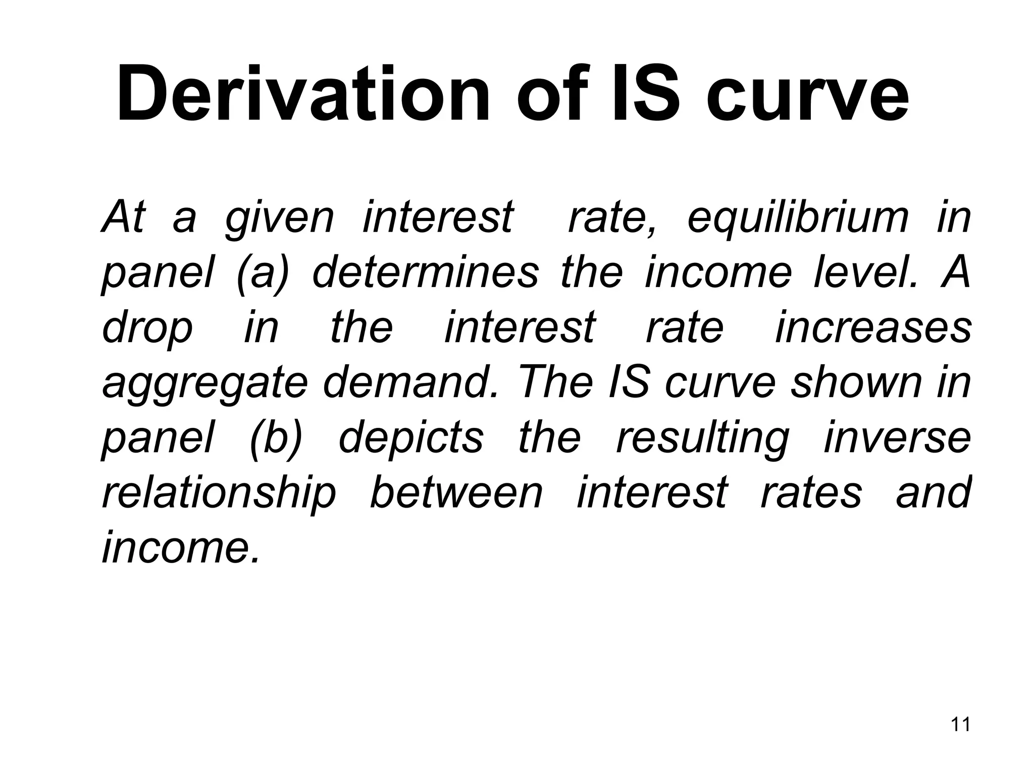 Derivation of IS curve At a given interest  rate, equilibrium in panel (a) determines the income level. A drop in the interest rate increases aggregate demand. The IS curve shown in panel (b) depicts the resulting inverse relationship between interest rates and income.  