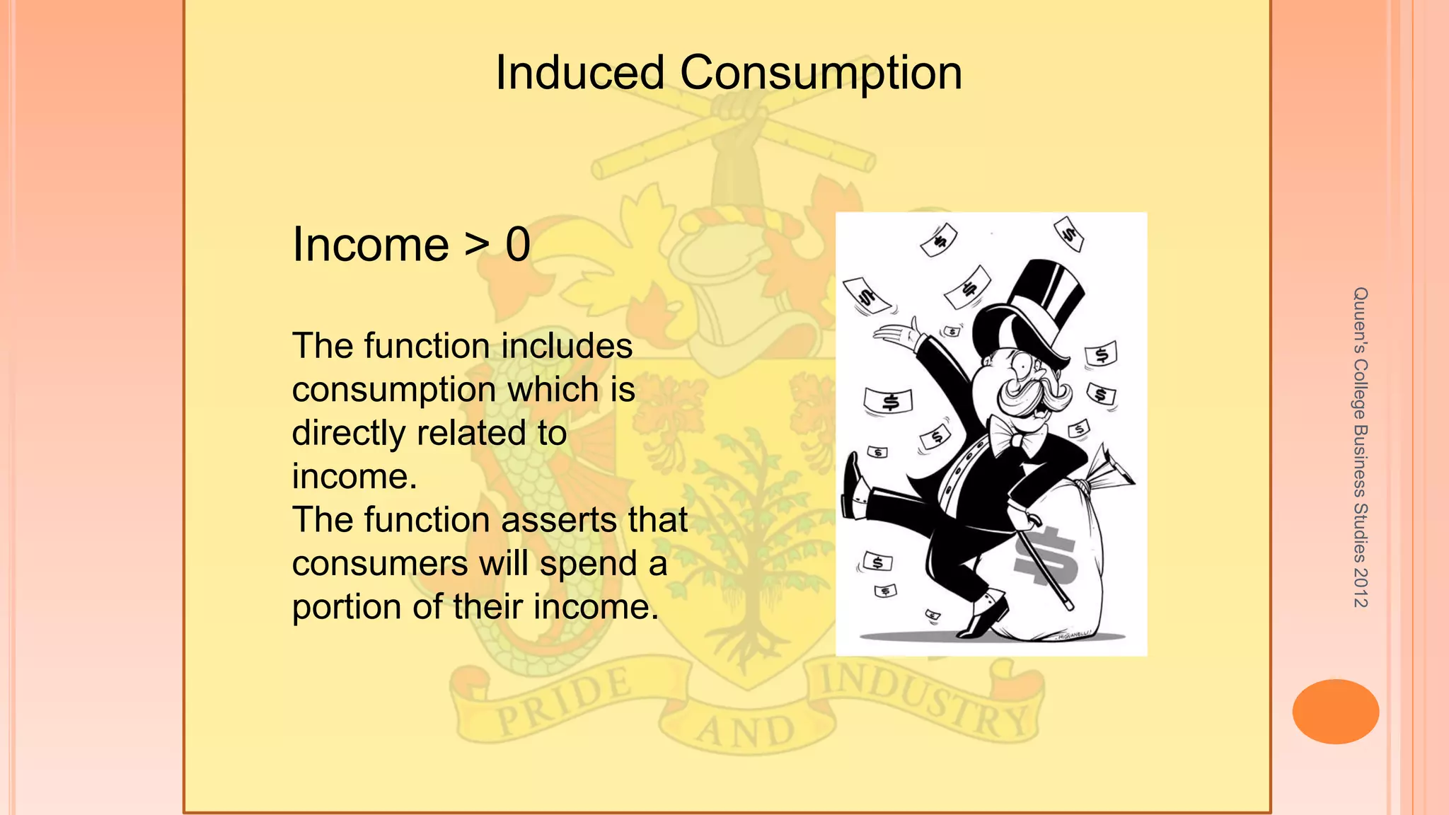 Quuen'sCollegeBusinessStudies2012
Induced Consumption
Income > 0
The function includes
consumption which is
directly related to
income.
The function asserts that
consumers will spend a
portion of their income.
 