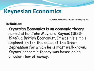 Keynesian Economics
- JOHN MAYNARD KEYNES (1883- 1946)
Definition:-
Keynesian Economics is an economic theory
named after John Maynard Keynes (1883-
1946), a British Economist. It was his simple
explanation for the cause of the Great
Depression for which he is most well-known.
Keynes‘ economic theory was based on an
circular flow of money.
 