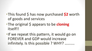 •This found $ has now purchased $2 worth
of goods and services
•The original $ appears to be cloning
itself!!
•If we repeat this pattern, it would go on
FOREVER and GDP would increase
infinitely. Is this possible ? WHY? ……….
 