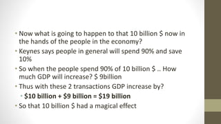 • Now what is going to happen to that 10 billion $ now in
the hands of the people in the economy?
• Keynes says people in general will spend 90% and save
10%
• So when the people spend 90% of 10 billion $ .. How
much GDP will increase? $ 9billion
• Thus with these 2 transactions GDP increase by?
• $10 billion + $9 billion = $19 billion
• So that 10 billion $ had a magical effect
 