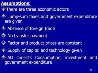 Assumptions:
There are three economic actors
 Lump-sum taxes and government expenditure
are given
 Absence of foreign trade
 No transfer payment
 Factor and product prices are constant
 Supply of capital and technology given
 AD consists Consumption, investment and
government expenditure
19
 