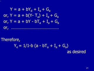 Y = a + bYd + Ia + Ga
or, Y = a + b(Y- Ta) + Ia + Ga
or, Y = a + bY - bTa + Ia + Ga
or, ……………………………………
Therefore,
Ye = 1/1-b (a - bTa + Ia + Ga)
as desired
21
 