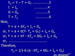 Yd = Y – T + GT ………………3
I = Ia ……………4
G = Ga ………….5
T = Ta ……………6
Now,
Y = a + bYd + Ia + Ga
or, Y = a + b(Y- Ta + GT) + Ia + Ga
or, Y = a + bY - bTa + bGT + Ia + Ga
or, ……………………………………
Therefore,
Ye = 1/1-b (a - bTa + bGT + Ia + Ga)
23
 