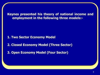 4
Keynes presented his theory of national income and
employment in the following three models:-
1. Two Sector Economy Model
2. Closed Economy Model (Three Sector)
3. Open Economy Model (Four Sector)
 