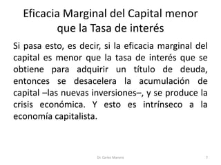 Eficacia Marginal del Capital menor
que la Tasa de interés
Si pasa esto, es decir, si la eficacia marginal del
capital es ...