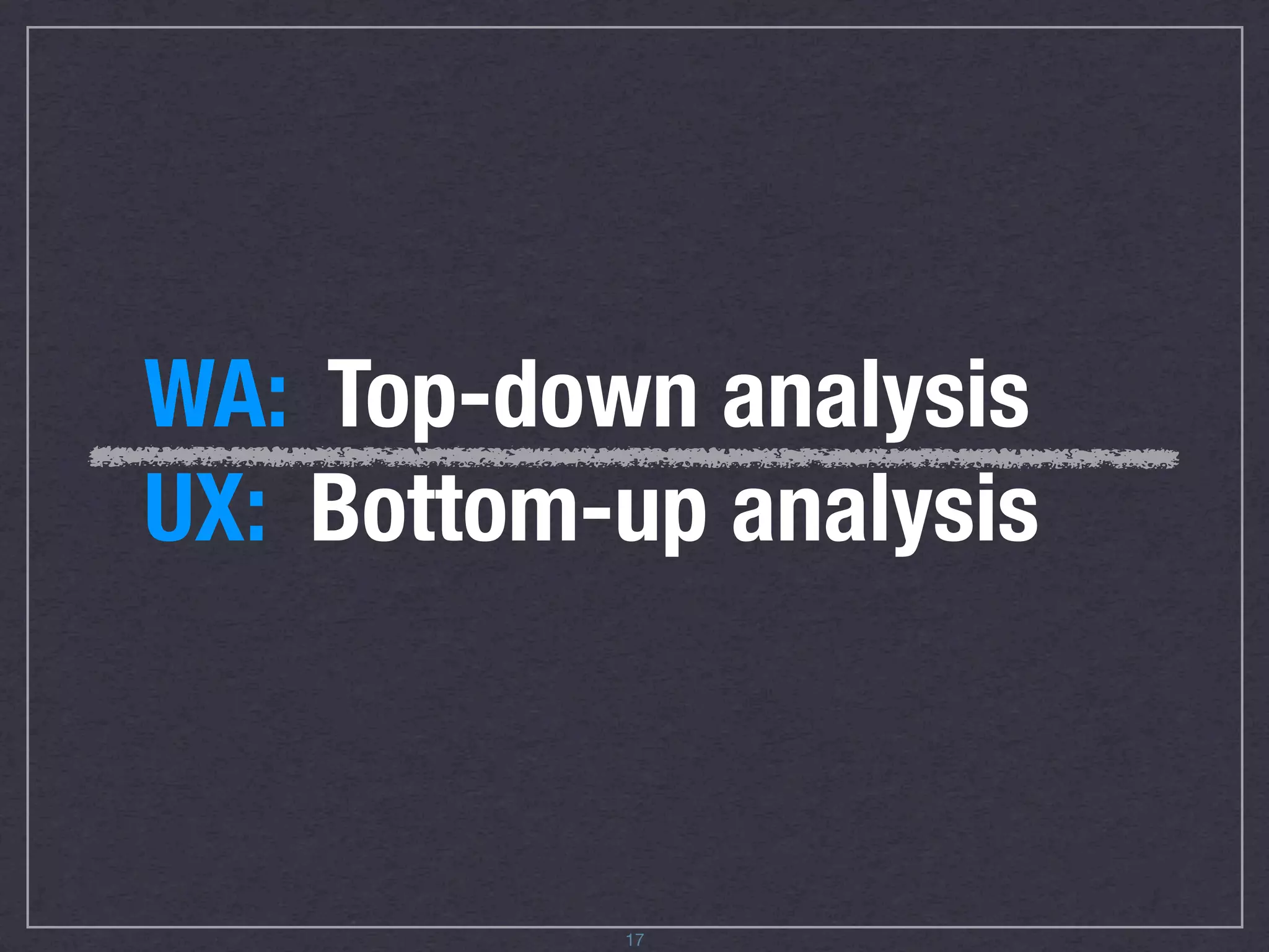Analyzing data
the WA way:
start with metrics,
benchmark and
measure performance
 