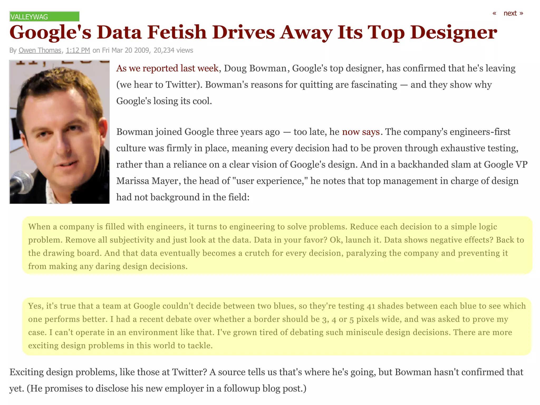 C# '&DE#F
<=>>?@A=B

!""#$%&'()*+*(,%+-'.()/-0%'(12*3(4+'(5"6()%'-#7%/ !
!"#$%&'#()*+,-.#/0/1#23#*'#456#3,5#17#1778.#17.19:#;6&%-#

                                !"#$%#&%'(&)%*#+,")#$%%-.#/(01#2($3,4.#5((1+%6"#)('#*%"714%&.#8,"#9(4:7&3%*#)8,)#8%6"#+%,;741#
                                <$%#8%,&#)(#=$7))%&>?#2($3,46"#&%,"(4"#:(&#@07))741#,&%#:,"974,)741#A#,4*#)8%B#"8($#$8B#
                                5((1+%6"#+("741#7)"#9((+?


                                2($3,4#C(74%*#5((1+%#)8&%%#B%,&"#,1(#A#)((#+,)%.#8%#4($#",B"?#=8%#9(3',4B6"#%4174%%&"D:7&")#
                                90+)0&%#$,"#:7&3+B#74#'+,9%.#3%,4741#%;%&B#*%97"7(4#8,*#)(#E%#'&(;%4#)8&(018#%F8,0")7;%#)%")741.#
                                &,)8%&#)8,4#,#&%+7,49%#(4#,#9+%,&#;7"7(4#(:#5((1+%6"#*%"714?#!4*#74#,#E,9-8,4*%*#"+,3#,)#5((1+%#GH#
                                I,&7"",#I,B%&.#)8%#8%,*#(:#J0"%&#%F'%&7%49%.J#8%#4()%"#)8,)#)('#3,4,1%3%4)#74#98,&1%#(:#*%"714#
                                8,*#4()#E,9-1&(04*#74#)8%#:7%+*K


     L8%4#,#9(3',4B#7"#:7++%*#$7)8#%4174%%&".#7)#)0&4"#)(#%4174%%&741#)(#"(+;%#'&(E+%3"?#M%*09%#%,98#*%97"7(4#)(#,#"73'+%#+(179#
     '&(E+%3?#M%3(;%#,++#"0EC%9)7;7)B#,4*#C0")#+((-#,)#)8%#*,),?#/,),#74#B(0&#:,;(&N#O-.#+,0498#7)?#/,),#"8($"#4%1,)7;%#%::%9)"N#2,9-#)(#
     )8%#*&,$741#E(,&*?#!4*#)8,)#*,),#%;%4)0,++B#E%9(3%"#,#9&0)98#:(&#%;%&B#*%97"7(4.#',&,+BP741#)8%#9(3',4B#,4*#'&%;%4)741#7)#
     :&(3#3,-741#,4B#*,&741#*%"714#*%97"7(4"? #
     #
     #
     Q%".#7)6"#)&0%#)8,)#,#)%,3#,)#5((1+%#9(0+*46)#*%97*%#E%)$%%4#)$(#E+0%".#"(#)8%B6&%#)%")741#RS#"8,*%"#E%)$%%4#%,98#E+0%#)(#"%%#$8798#
     (4%#'%&:(&3"#E%))%&?#T#8,*#,#&%9%4)#*%E,)%#(;%&#$8%)8%&#,#E(&*%&#"8(0+*#E%#U.#R#(&#V#'7F%+"#$7*%.#,4*#$,"#,"-%*#)(#'&(;%#3B#
     9,"%?#T#9,46)#('%&,)%#74#,4#%4;7&(43%4)#+7-%#)8,)?#T6;%#1&($4#)7&%*#(:#*%E,)741#"098#3747"90+%#*%"714#*%97"7(4"?#=8%&%#,&%#3(&%#
     %F97)741#*%"714#'&(E+%3"#74#)87"#$(&+*#)(#),9-+%?


WF97)741#*%"714#'&(E+%3".#+7-%#)8("%#,)#=$7))%&N#!#"(0&9%#)%++"#0"#)8,)6"#$8%&%#8%6"#1(741.#E0)#2($3,4#8,"46)#9(4:7&3%*#)8,)#
B%)?#<X%#'&(37"%"#)(#*7"9+("%#87"#4%$#%3'+(B%&#74#,#:(++($0'#E+(1#'(")?>
 