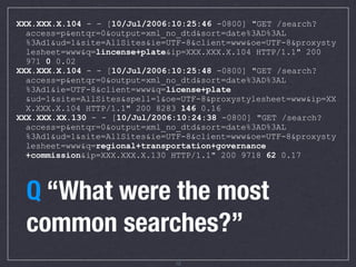 XXX.XXX.X.104 - - [10/Jul/2006:10:25:46 -0800] "GET /search?
  access=p&entqr=0&output=xml_no_dtd&sort=date%3AD%3AL
  %3Ad1&ud=1&site=AllSites&ie=UTF-8&client=www&oe=UTF-8&proxysty
  lesheet=www&q=lincense+plate&ip=XXX.XXX.X.104 HTTP/1.1" 200
  971 0 0.02
XXX.XXX.X.104 - - [10/Jul/2006:10:25:48 -0800] "GET /search?
  access=p&entqr=0&output=xml_no_dtd&sort=date%3AD%3AL
  %3Ad1&ie=UTF-8&client=www&q=license+plate
  &ud=1&site=AllSites&spell=1&oe=UTF-8&proxystylesheet=www&ip=XX
  X.XXX.X.104 HTTP/1.1" 200 8283 146 0.16
XXX.XXX.XX.130 - - [10/Jul/2006:10:24:38 -0800] "GET /search?
  access=p&entqr=0&output=xml_no_dtd&sort=date%3AD%3AL
  %3Ad1&ud=1&site=AllSites&ie=UTF-8&client=www&oe=UTF-8&proxysty
  lesheet=www&q=regional+transportation+governance
  +commission&ip=XXX.XXX.X.130 HTTP/1.1" 200 9718 62 0.17




                               13
 