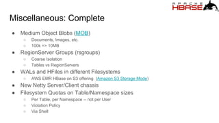 Miscellaneous: Complete
● Medium Object Blobs (MOB)
○ Documents, Images, etc.
○ 100k => 10MB
● RegionServer Groups (rsgroups)
○ Coarse Isolation
○ Tables vs RegionServers
● WALs and HFiles in different Filesystems
○ AWS EMR HBase on S3 offering (Amazon S3 Storage Mode)
● New Netty Server/Client chassis
● Filesystem Quotas on Table/Namespace sizes
○ Per Table, per Namespace -- not per User
○ Violation Policy
○ Via Shell
 