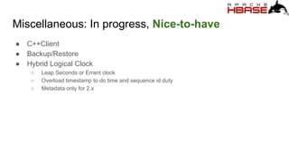 Miscellaneous: In progress, Nice-to-have
● C++Client
● Backup/Restore
● Hybrid Logical Clock
○ Leap Seconds or Errant clock
○ Overload timestamp to do time and sequence id duty
○ Metadata only for 2.x
 