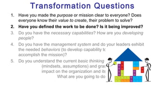 Transformation Questions
1. Have you made the purpose or mission clear to everyone? Does
everyone know their value to create, their problem to solve?
2. Have you defined the work to be done? Is it being improved?
3. Do you have the necessary capabilities? How are you developing
people?
4. Do you have the management system and do your leaders exhibit
the needed behaviors (to develop capability to do the work to
accomplish the mission)?
5. Do you understand the current basic thinking
(mindsets, assumptions) and grasp its
impact on the organization and its culture?
What are you going to do about it?
 