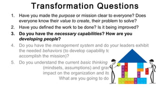 Transformation Questions
1. Have you made the purpose or mission clear to everyone? Does
everyone know their value to create, their problem to solve?
2. Have you defined the work to be done? Is it being improved?
3. Do you have the necessary capabilities? How are you
developing people?
4. Do you have the management system and do your leaders exhibit
the needed behaviors (to develop capability to do the work to
accomplish the mission)?
5. Do you understand the current basic thinking
(mindsets, assumptions) and grasp its
impact on the organization and its culture?
What are you going to do about it?
 