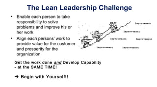 The Lean Leadership Challenge
• Enable each person to take
responsibility to solve
problems and improve his or
her work
• Align each persons’ work to
provide value for the customer
and prosperity for the
organization
Get the work done and Develop Capability
- at the SAME TIME!
 Begin with Yourself!!
 