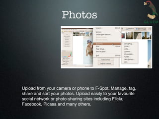 Photos




Upload from your camera or phone to F-Spot. Manage, tag,
share and sort your photos. Upload easily to your favourite
social network or photo-sharing sites including Flickr,
Facebook, Picasa and many others.
 