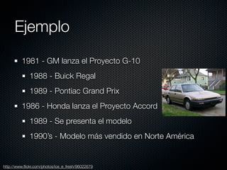 Ejemplo
         1981 - GM lanza el Proyecto G-10
              1988 - Buick Regal
              1989 - Pontiac Grand Prix
         1986 - Honda lanza el Proyecto Accord
              1989 - Se presenta el modelo
              1990’s - Modelo más vendido en Norte América


http://www.ﬂickr.com/photos/ice_e_fresh/96022679
 